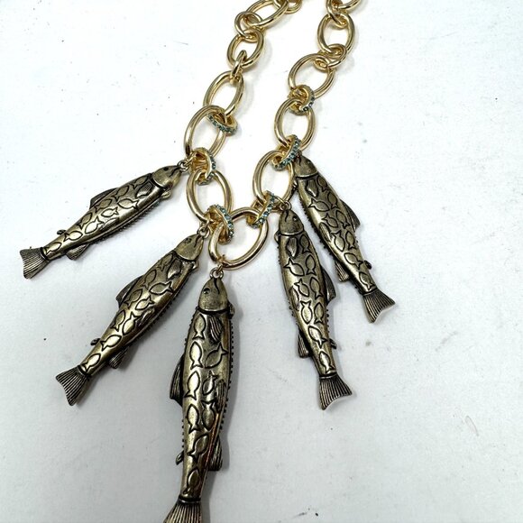 Betsey Johnson Fish Charm Rhinestone Necklace Goldtone Link - Picture 7 of 10